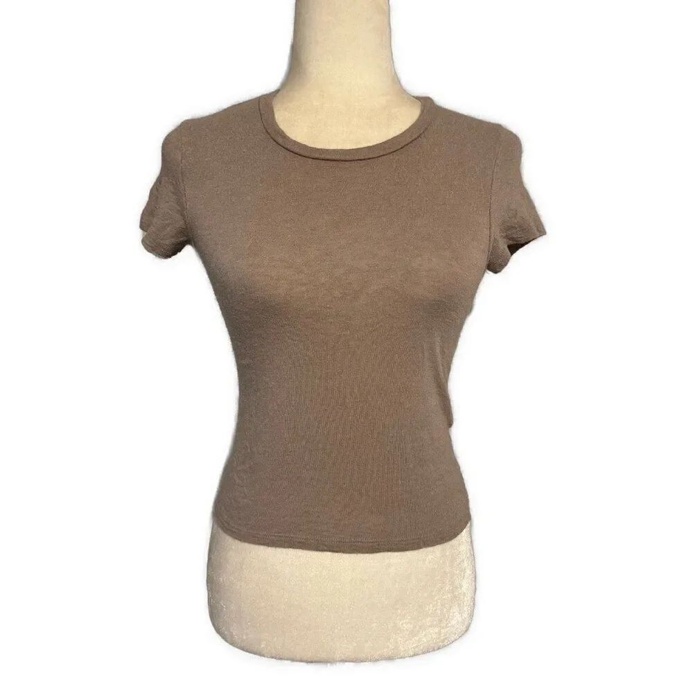 Zara Womens Solid Tan Beige Crew Neck Short Sleeve Fitted Crop T Shirt Top small
